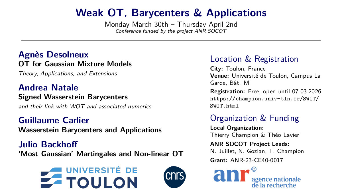 School on Weak Optimal Transport, Wasserstein Barycenters and Applications